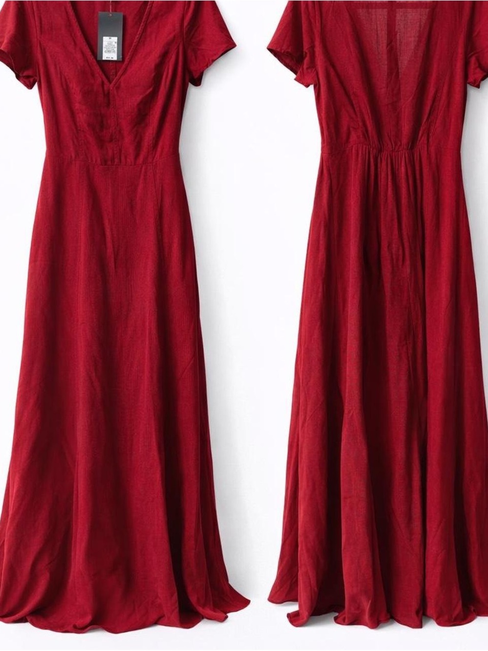 Woman's Rayon V-Neck Short Sleeve Maxi Dress in Deep Red - Picture 4 of 4